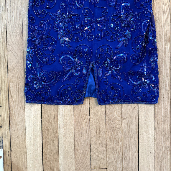 VTG ADRIANNA PAPELL DRESS 14 SILK BEADED BLUE FLORAL SEQUIN COCKTAIL RETRO SZ 6 - Picture 6 of 9